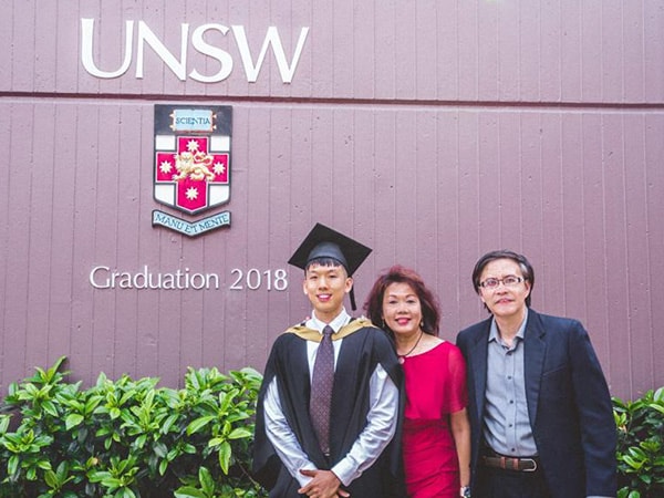 Brendan Aw with parents at graduation in UNSW, Sydney, Australia.