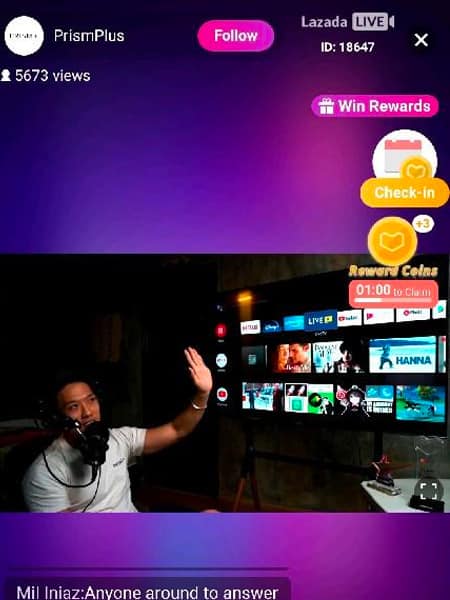 Brendan Aw streaming for PRISM+ talking about the E55 Smart TV on Lazada live stream.
