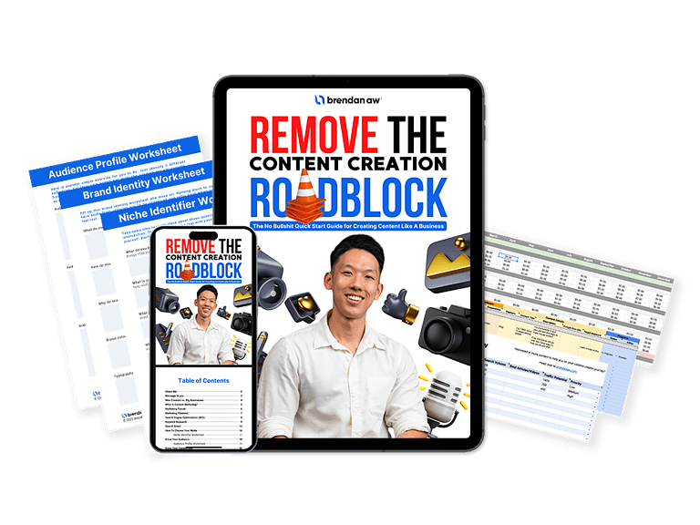 Ipad and Iphone mockup of Brendan Aw's Remove The Content Creation Roadblock Guide.