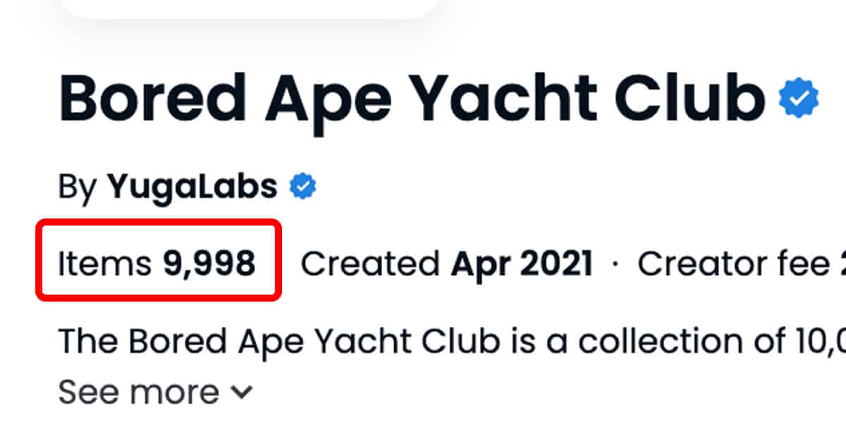 Bored Ape Yacht Club collection information on Opensea
