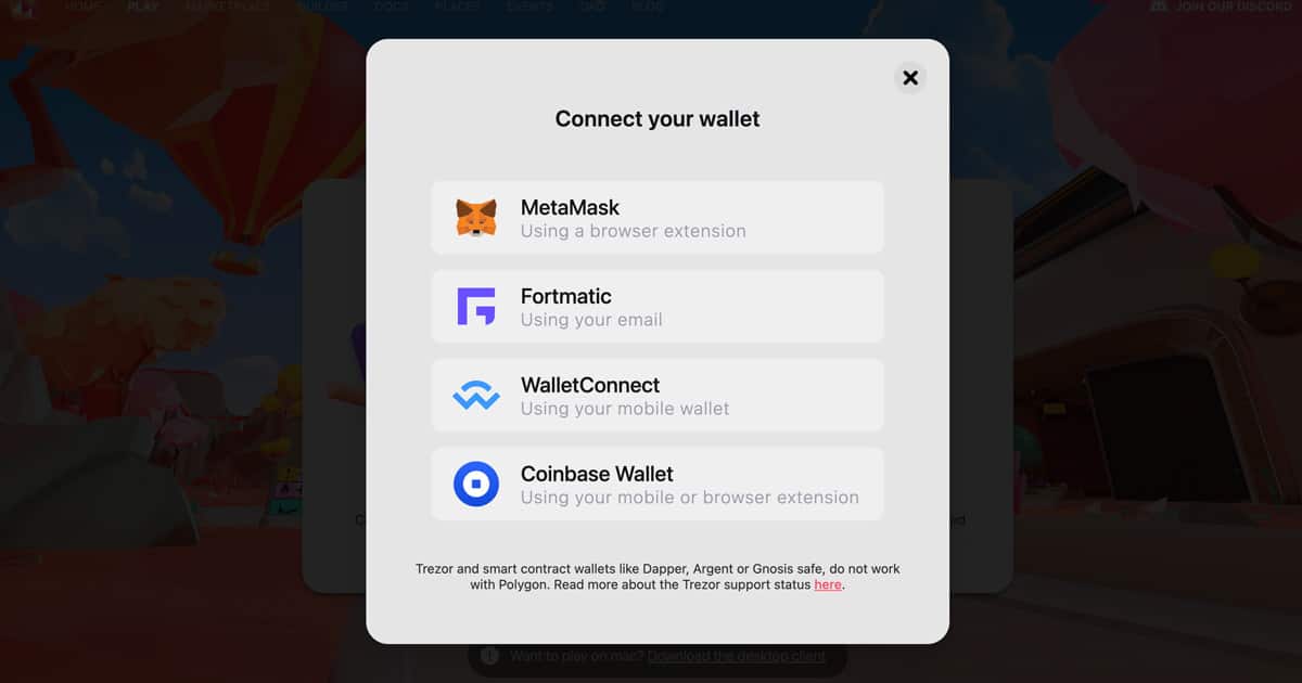 Decentraland Connect Crypto Wallet Prompt