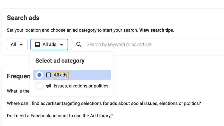 Select on "All ads" on Facebook Ad Library.