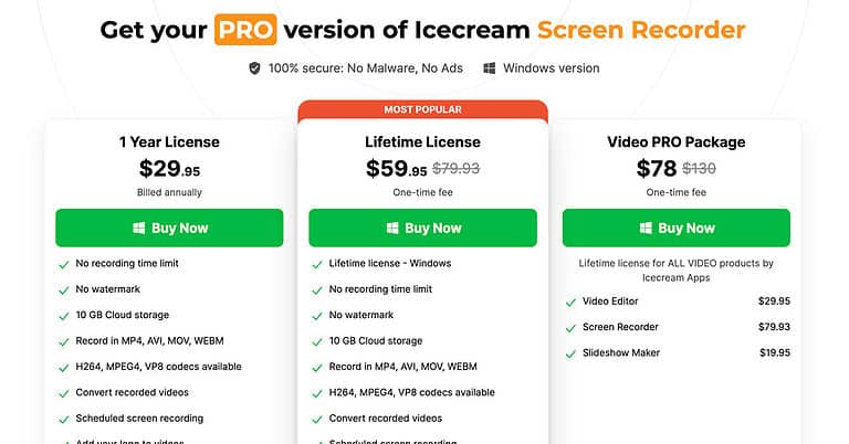 Icecream Screen Recorder Pricing Plans