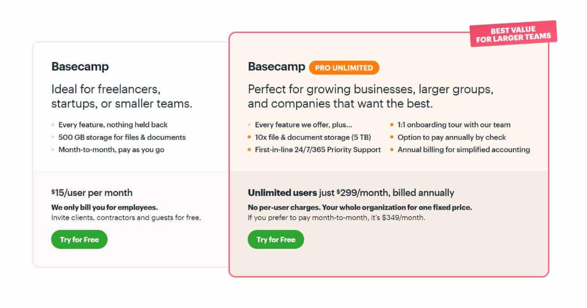 Basecamp Pricing Plans