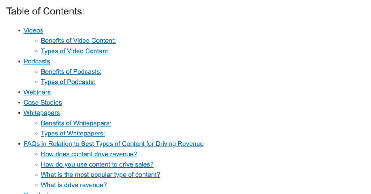 Content at Scale Table of Contents Example