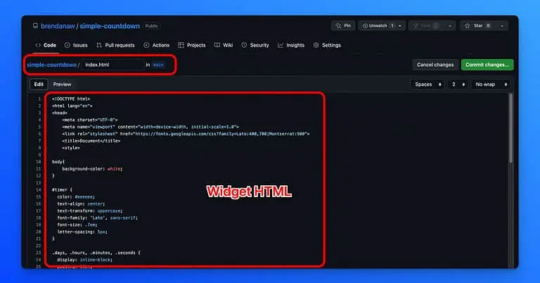Creating Index.HTML on Github for Widget