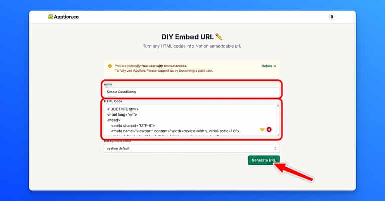 Enter HTML in DIY Embed URL on Apption