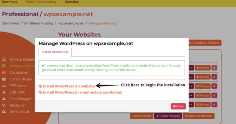 Click Install WordPress on Website on WPX