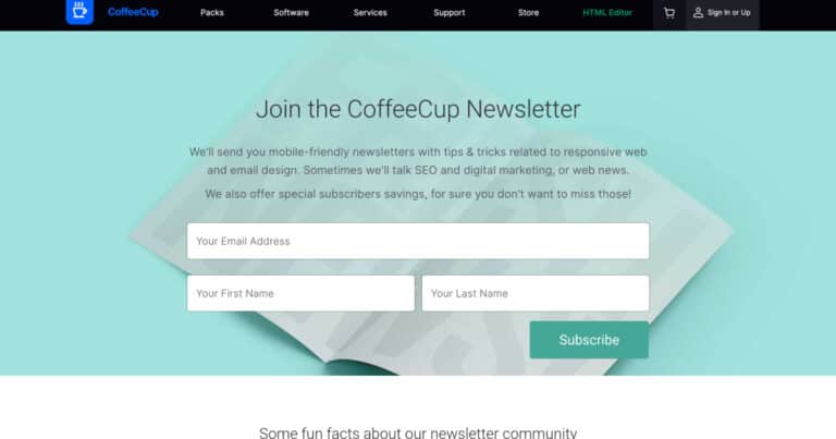 CoffeCup Newsletter Landing Page