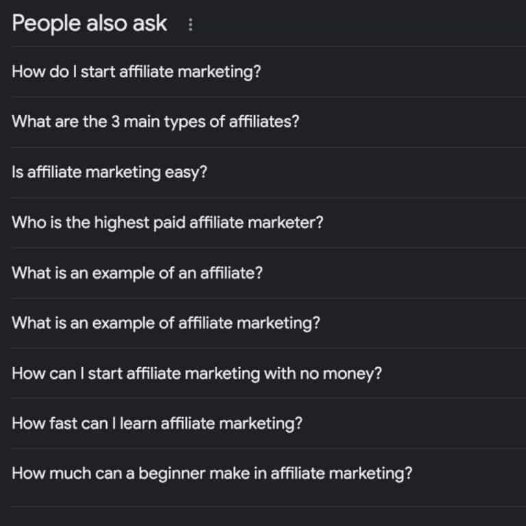 Example People Also Asked Affiliate Marketing Search Query