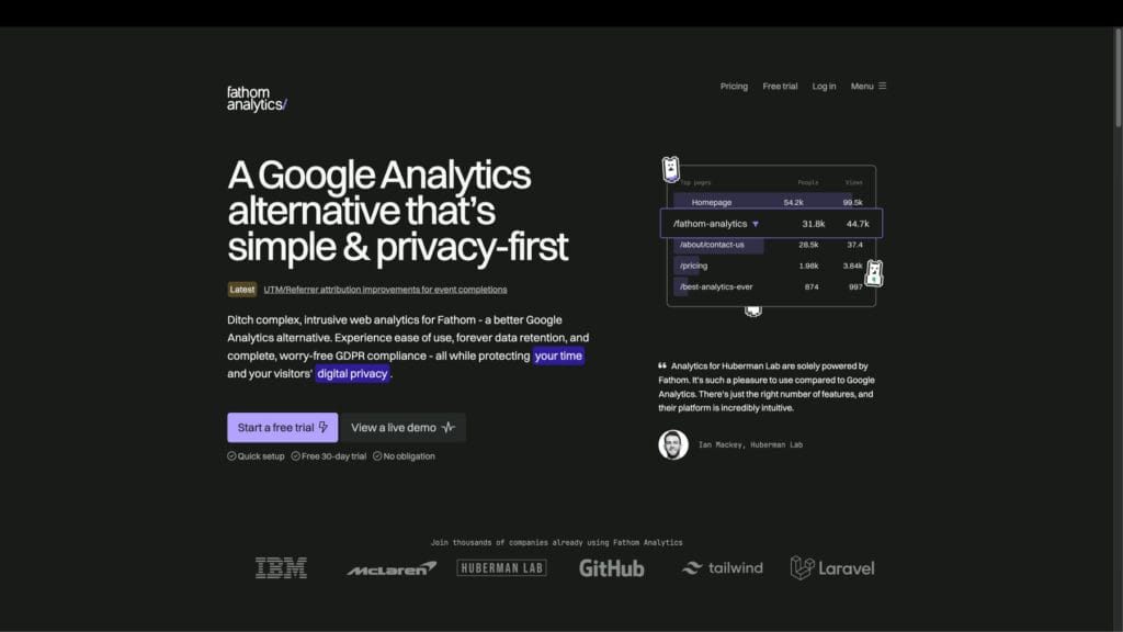 fathom analytics homepage